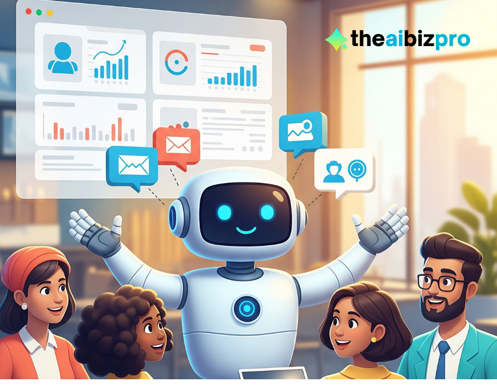 A friendly white robot with a blue glowing face and chest, arms outstretched, standing in front of a transparent screen displaying various marketing dashboards and icons (user profiles, charts, email, social media, customer service). Four smiling, diverse business professionals (three women and one man, appearing to be of South Asian ethnicity) are looking at the robot with interest.