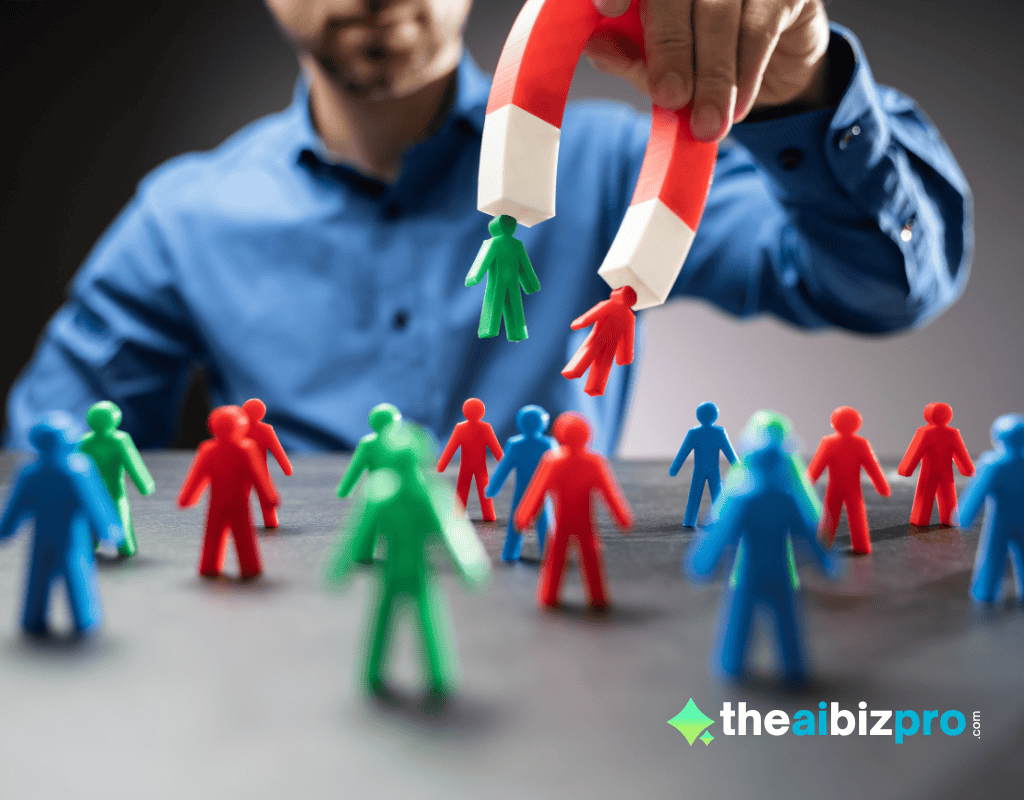 A large magnet attracts green figures while red and blue figures remain, illustrating how AI lead generation for small business can target ideal customers.