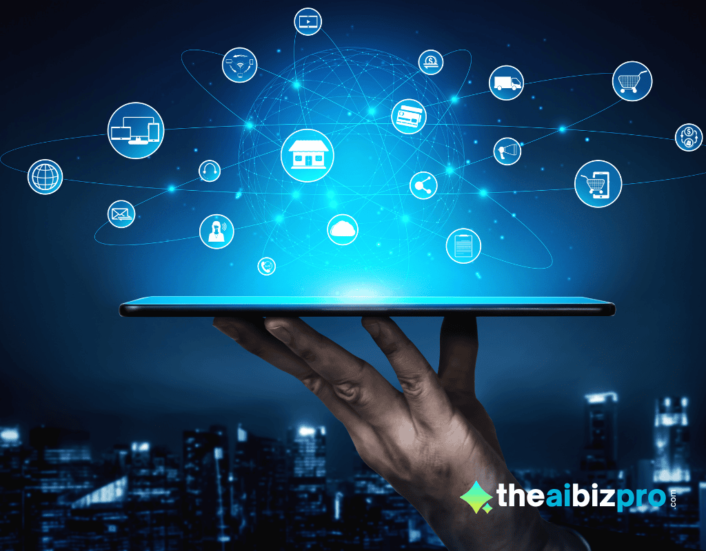 A hand holding a tablet displaying a network of interconnected business and customer icons, representing the power of personalized marketing AI.