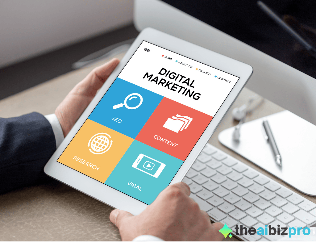 Hands holding a tablet displaying digital marketing concepts like SEO, content, research, and viral marketing, representing the diverse applications of AI marketing tools.