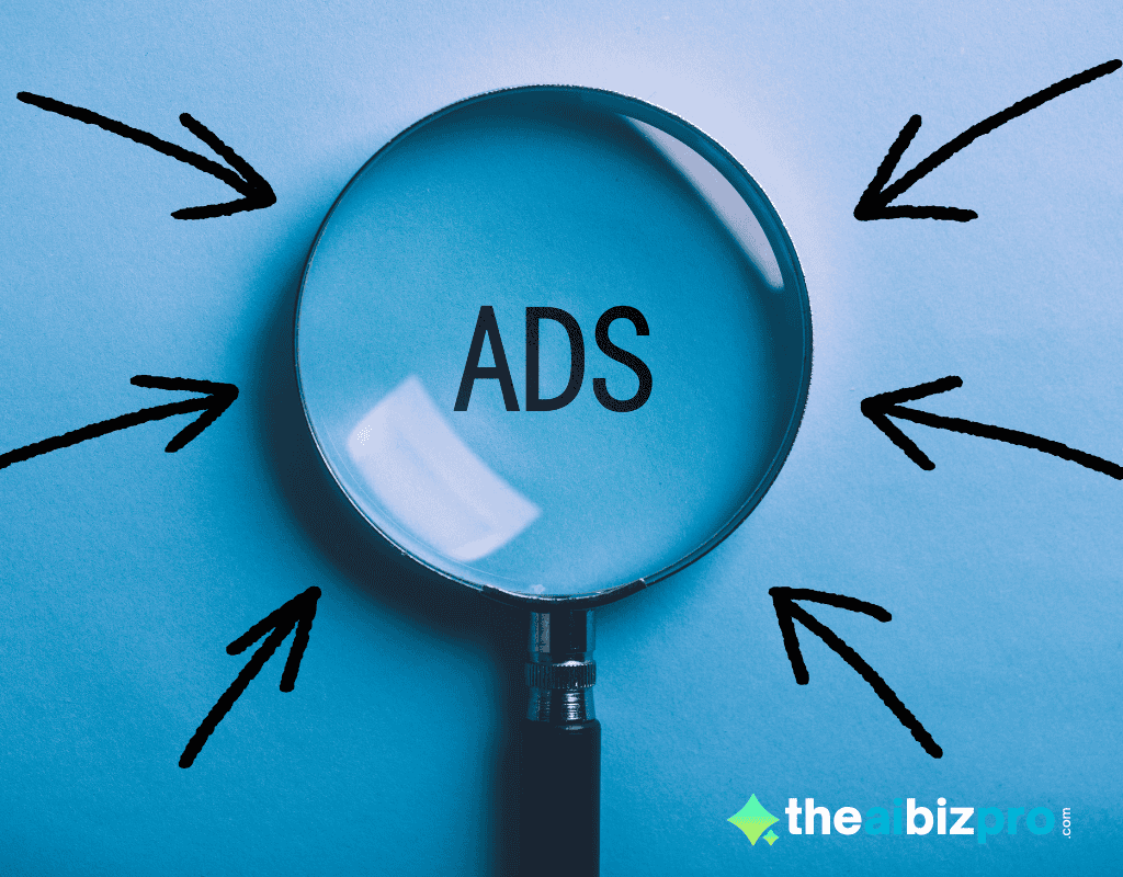 Magnifying glass focusing on the word "ADS" with arrows pointing towards it, representing targeted AI advertising for small business.