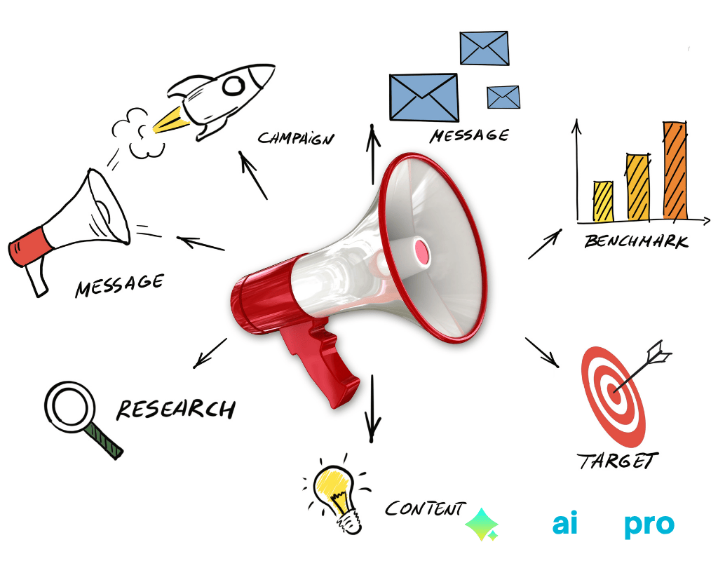 a diagram of the marketing cycle, including research, content, target, benchmark, and campaign, representing AI advertising for small business.