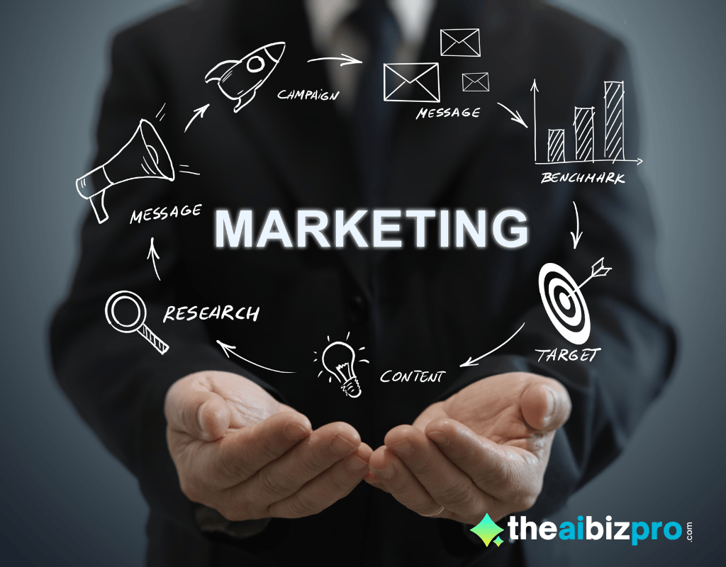  Hands holding a diagram of the marketing cycle, including research, content, target, benchmark, and campaign, representing AI advertising for small business.