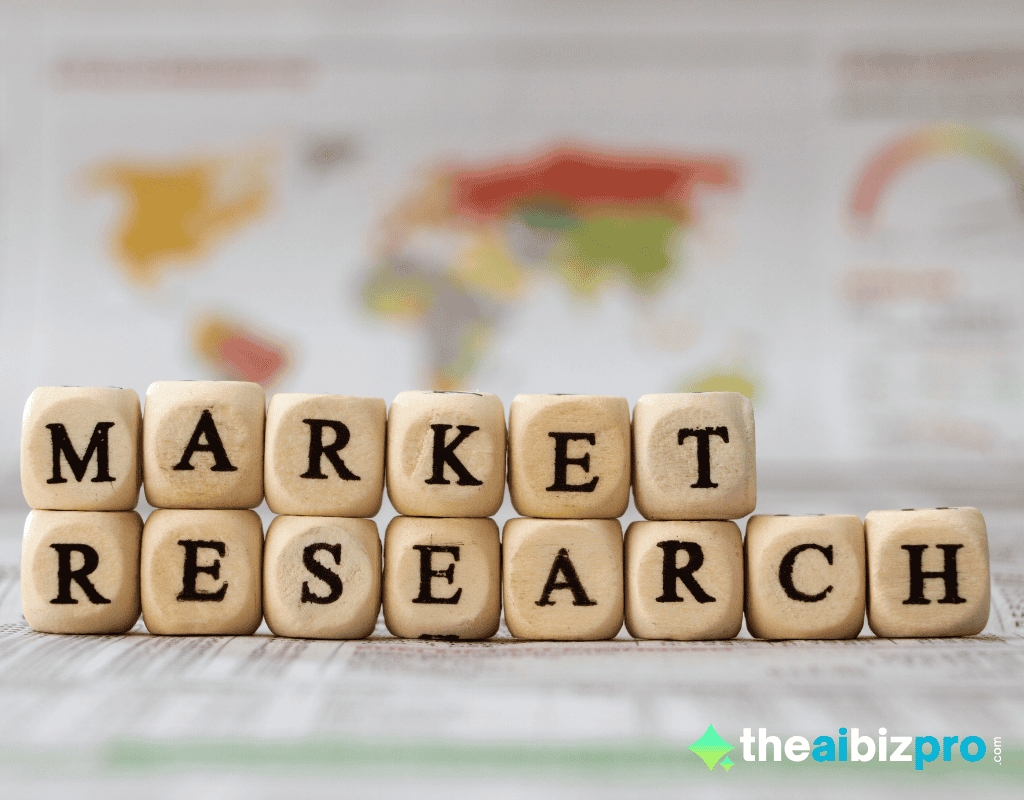 Wooden blocks spelling "MARKET RESEARCH" overlaid on a blurred map and data visualizations, representing the use of AI marketing tools for insights.