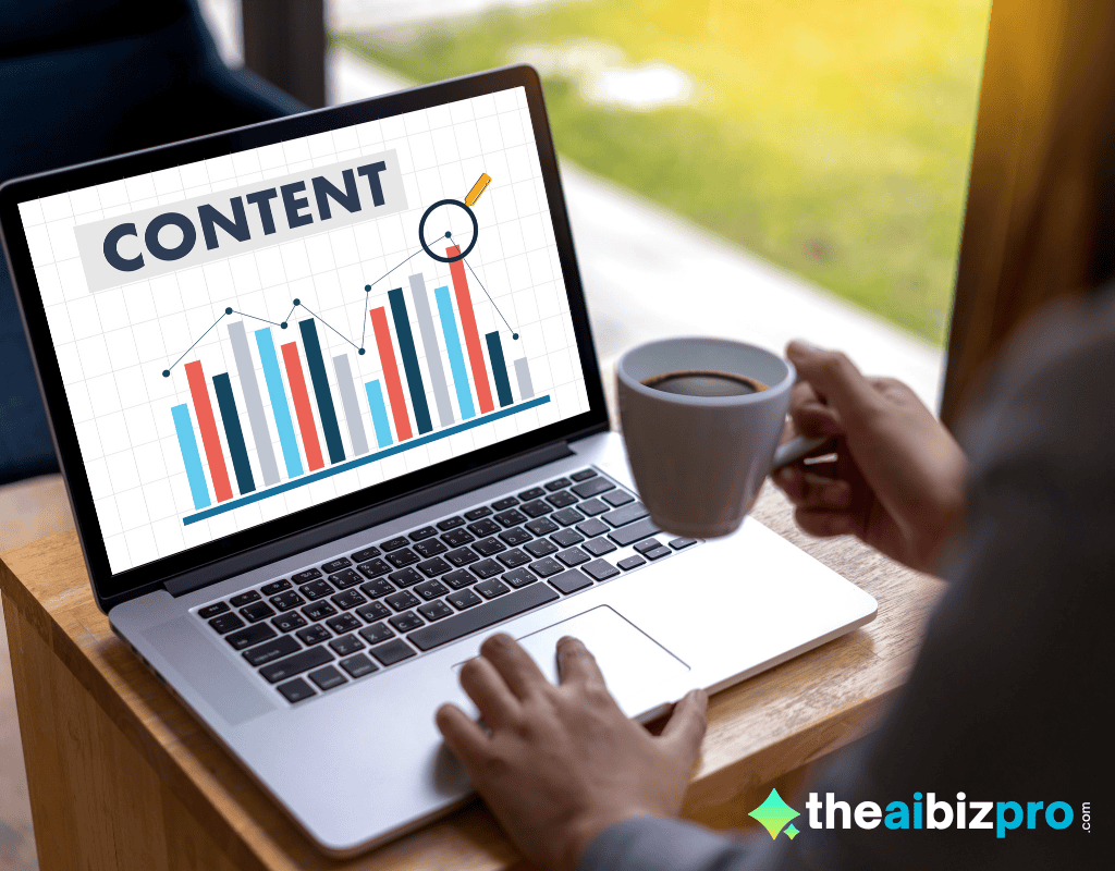 Laptop screen displaying a "CONTENT" bar graph with an upward trend and magnifying glass, suggesting AI marketing tools are optimizing content. A person holds a coffee cup while working.