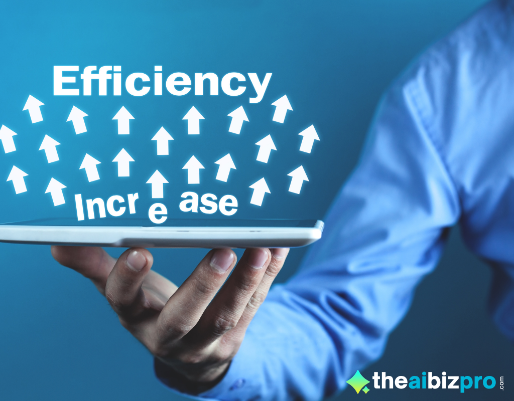 A hand holds a tablet showing "Efficiency Increase" with upward arrows, symbolizing the direct link between AI adoption and cost savings AI small business.