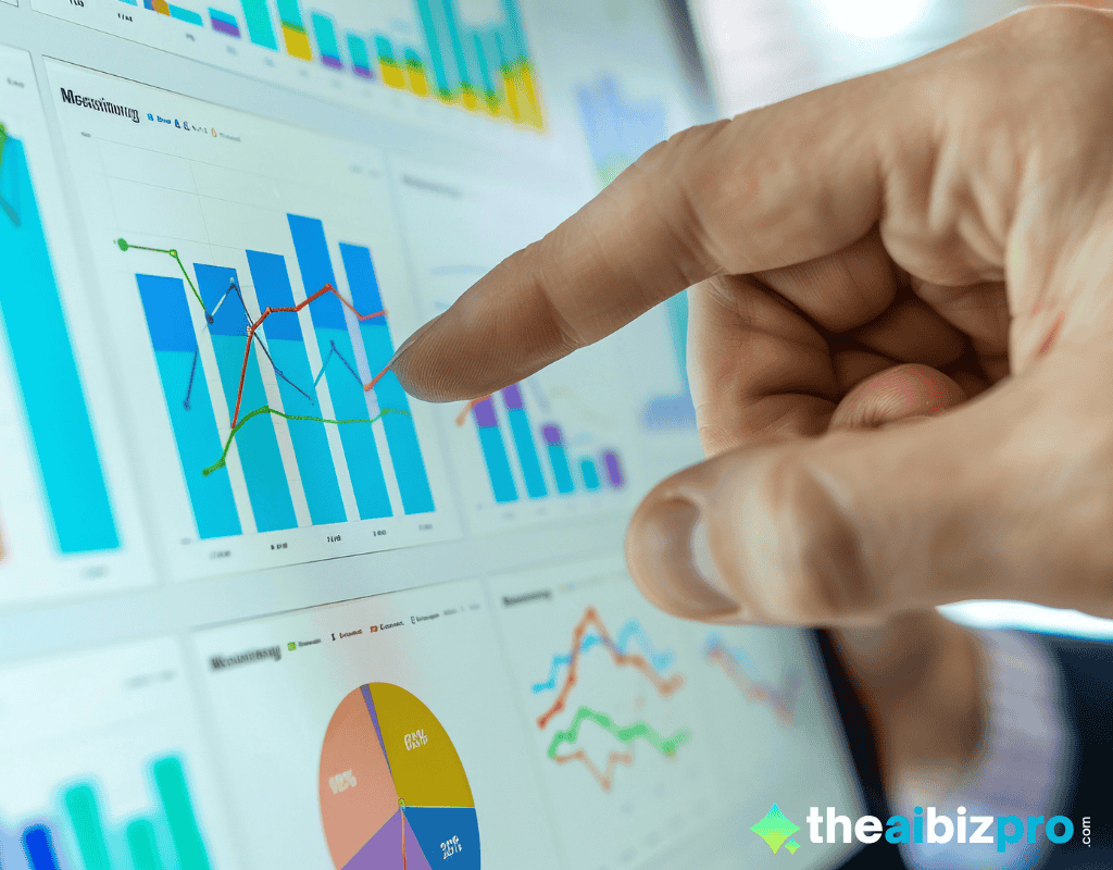 A finger points at a digital dashboard displaying various data visualizations including bar charts, line graphs, and a pie chart, illustrating data analysis for cost savings AI small business.