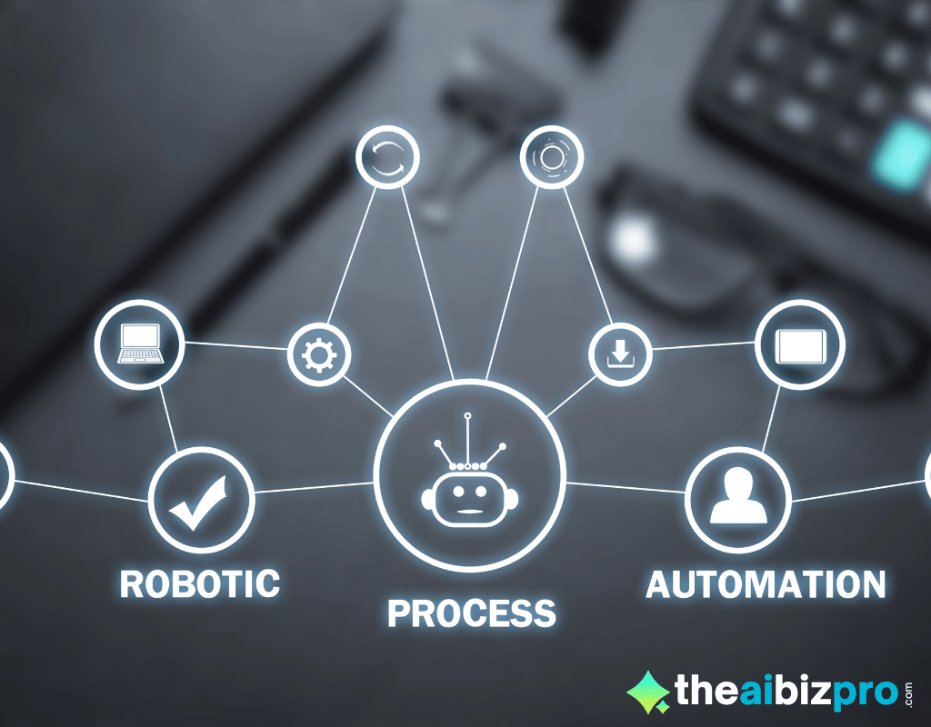 A glowing digital network diagram illustrating Robotic Process Automation (RPA). A central robot icon labeled 'PROCESS' connects to 'ROBOTIC' and 'AUTOMATION', with surrounding icons representing various tasks like a laptop, settings, download, mobile device, and a person. This visual highlights the interconnectedness of modern automated customer service solutions.