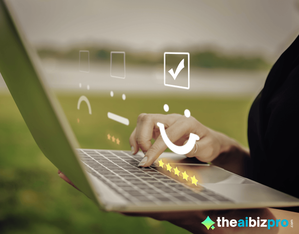 A person's hand hovers over a laptop keyboard, with glowing icons of a checkmark, satisfaction emojis (happy, neutral, sad), and five stars floating above the screen, indicating customer feedback and satisfaction for automated customer service solutions.