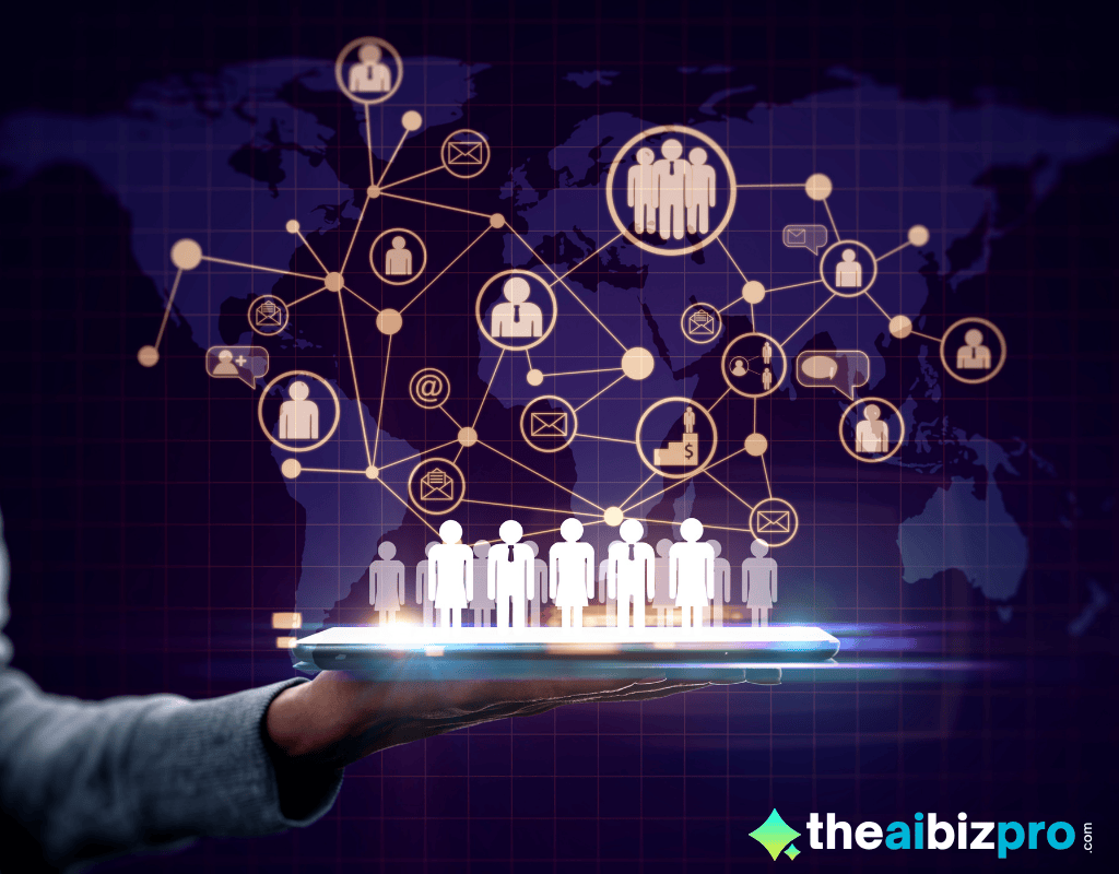  A hand holding a glowing digital tablet displaying a network of connected user profiles and communication icons over a world map, symbolizing the expansive reach and seamless integration of AI tools for small business onboarding in connecting global talent.