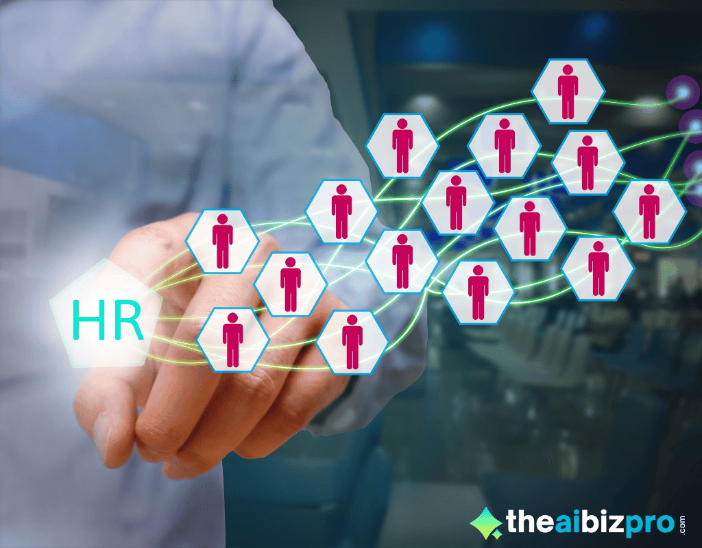 A hand extending towards a glowing "HR" icon, which is digitally connected to a network of human profile icons, symbolizing how AI tools for small business onboarding streamline human resource management and employee connections.