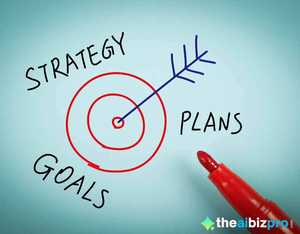 A red marker drawing a target with the words "STRATEGY," "PLANS," and "GOALS" around it, and an arrow hitting the bullseye, symbolizing how AI strategies for small business lead to goal achievement.