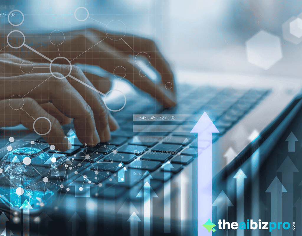 Hands typing on a laptop keyboard surrounded by digital overlays of data points, graphs, and upward-pointing arrows, symbolizing data analysis and the growth achieved through AI strategies for small business.