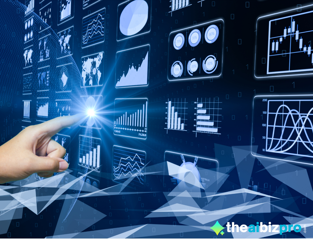 Hand touching a futuristic screen displaying various data visualizations and business metrics, symbolizing how AI tools for small business drive efficiency and provide actionable insights.