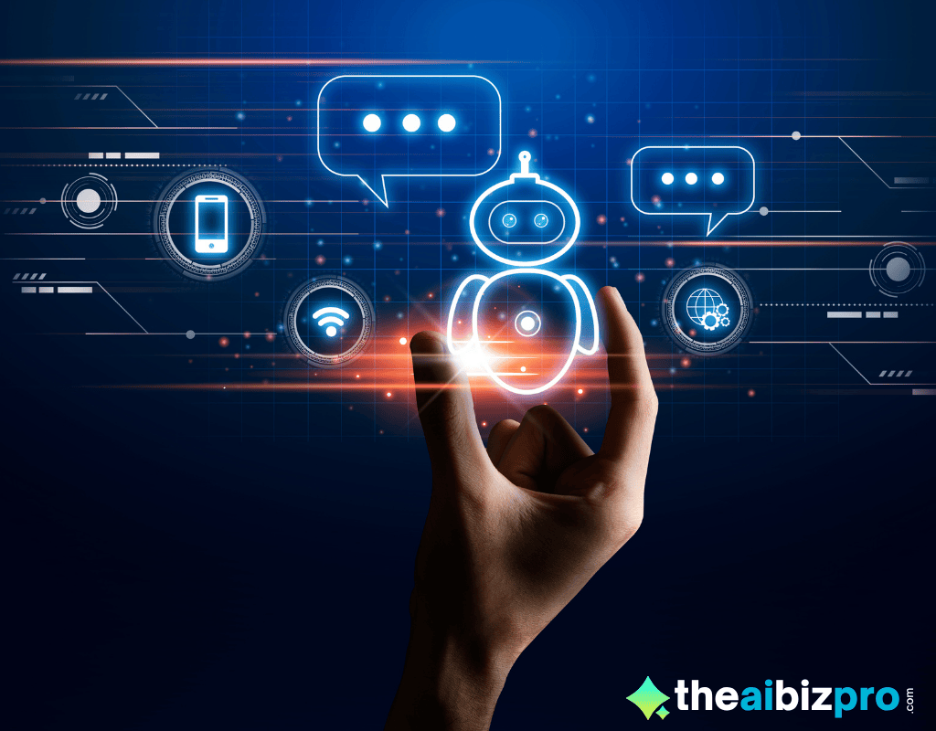 A hand interacts with a glowing icon of a friendly robot illustrating the process of choosing the best AI chatbot for a small business to enhance digital operations