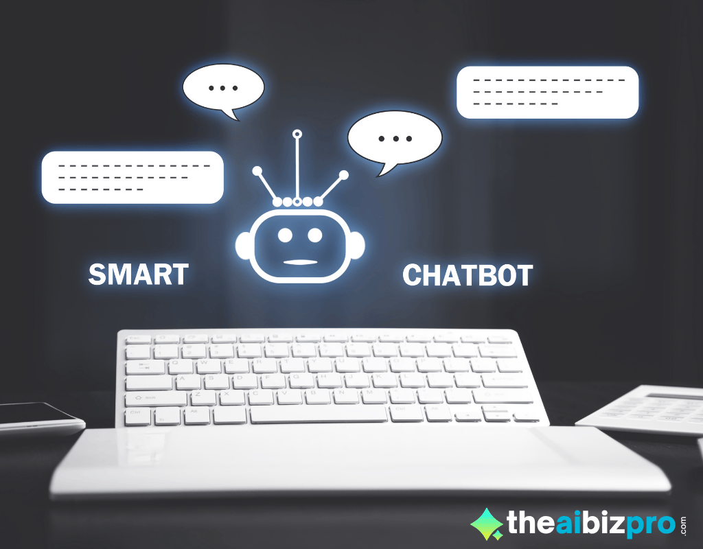 An illuminated 'Smart Chatbot' icon with conversation bubbles floats above a keyboard, representing how the best AI chatbot for a small business can intelligently manage customer communications.