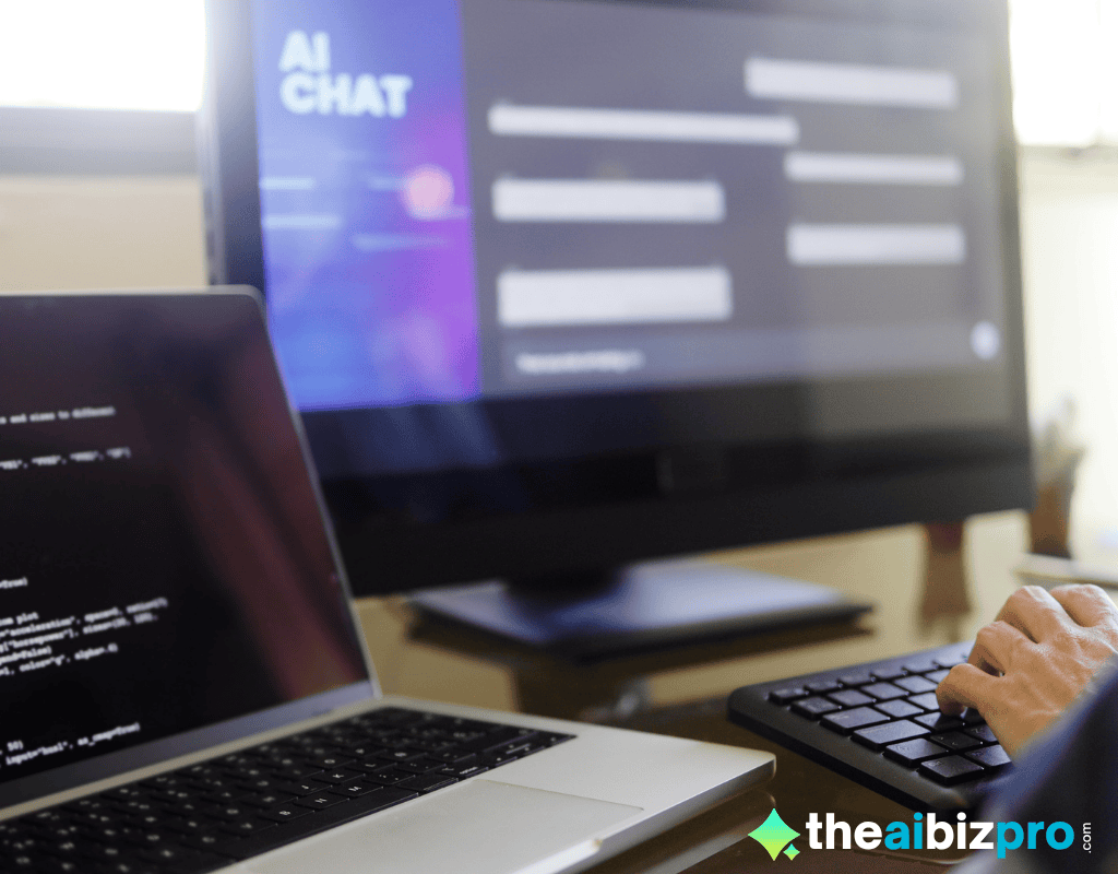 A developer at a desk building on an AI Chat platform on one screen while coding on a laptop showing the customization process for the best AI chatbot for a small business
