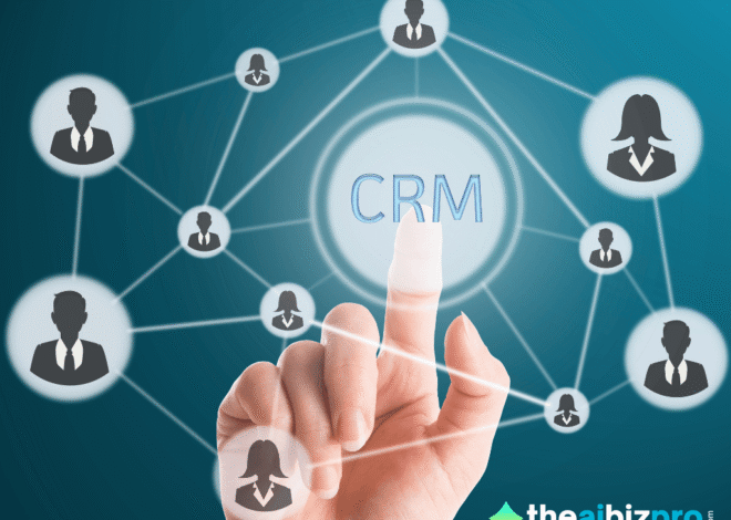 Hand interacting with AI powered CRM for small business interface showing connected network of customer icons