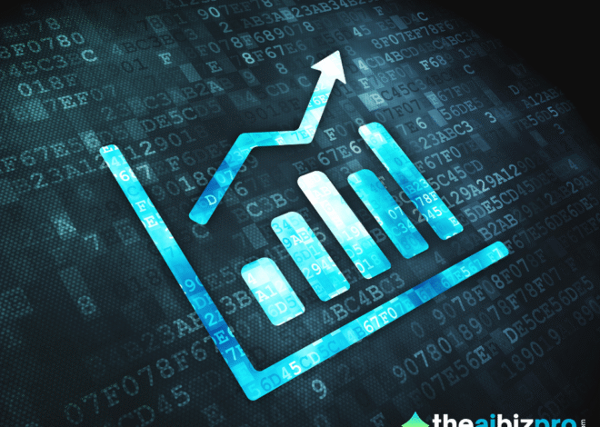 A glowing blue bar graph with an upward trending line overlaid on a digital background filled with alphanumeric characters symbolizing AI for business growth